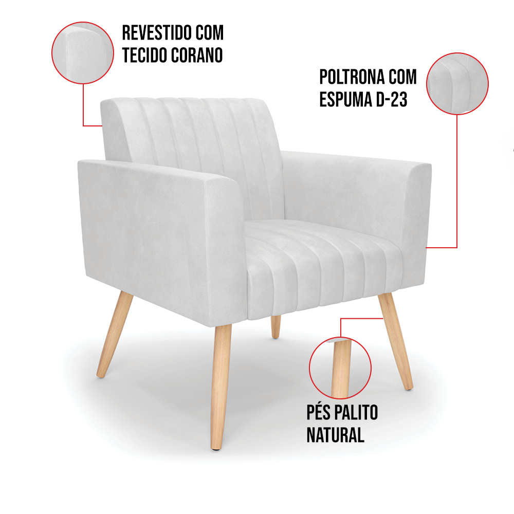Kit 2 Poltronas Viena Gomada Corano Branco Pés Palito Natural - D'Rossi