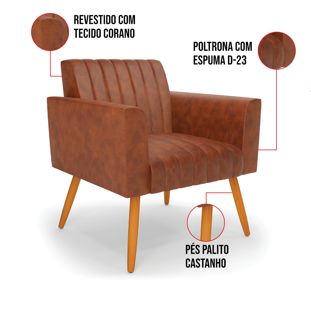 Kit 2 Poltronas Viena Gomada Corano Nozes Pés Palito Castanho - D'Rossi