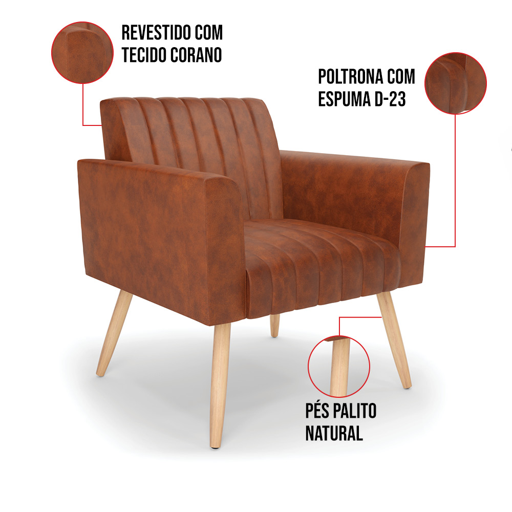Kit 2 Poltronas Viena Gomada Corano Nozes Pés Palito Natural - D'Rossi