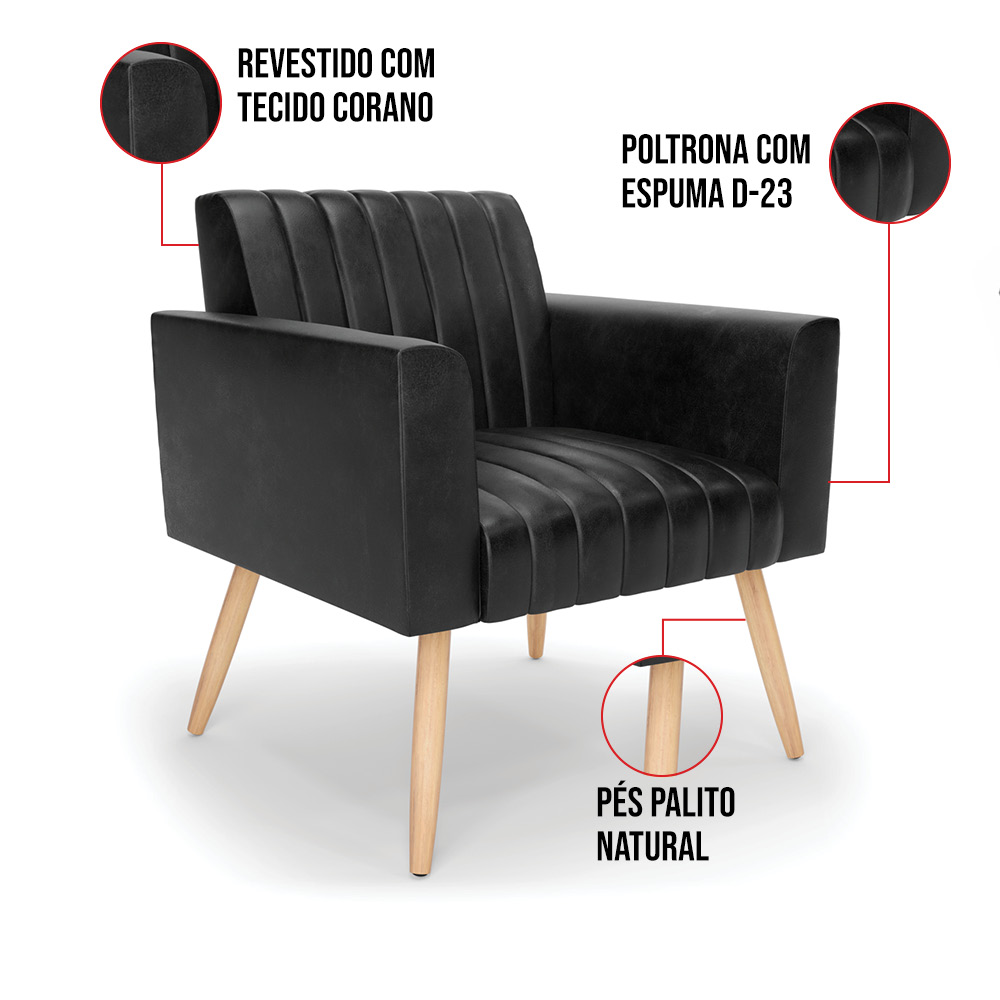 Kit 2 Poltronas Viena Gomada Corano Preto Pés Palito Natural - D'Rossi