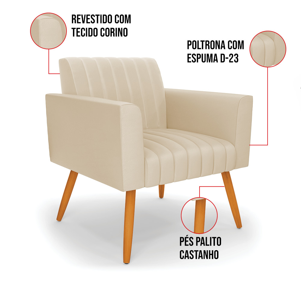Kit 2 Poltronas Viena Gomada Corino Bege Pés Palito Castanho - D'Rossi