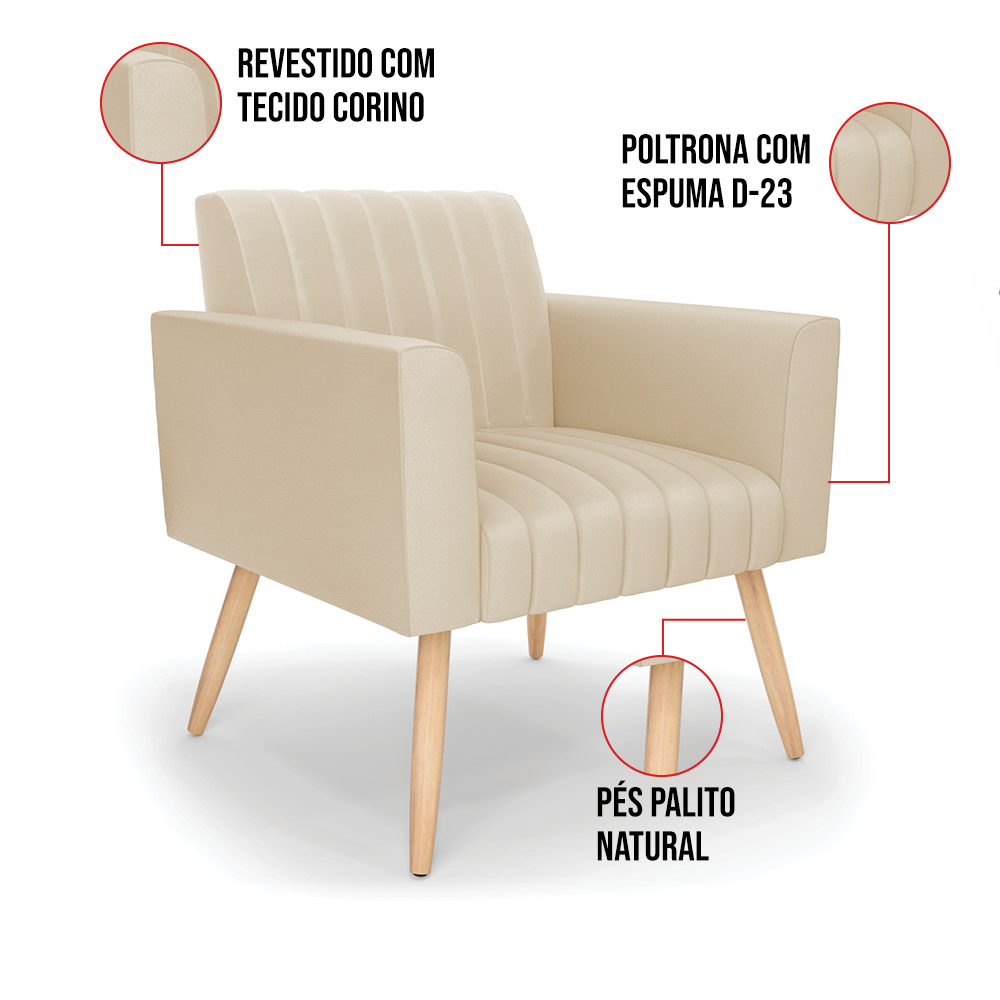 Kit 2 Poltronas Viena Gomada Corino Bege Pés Palito Natural - D'Rossi