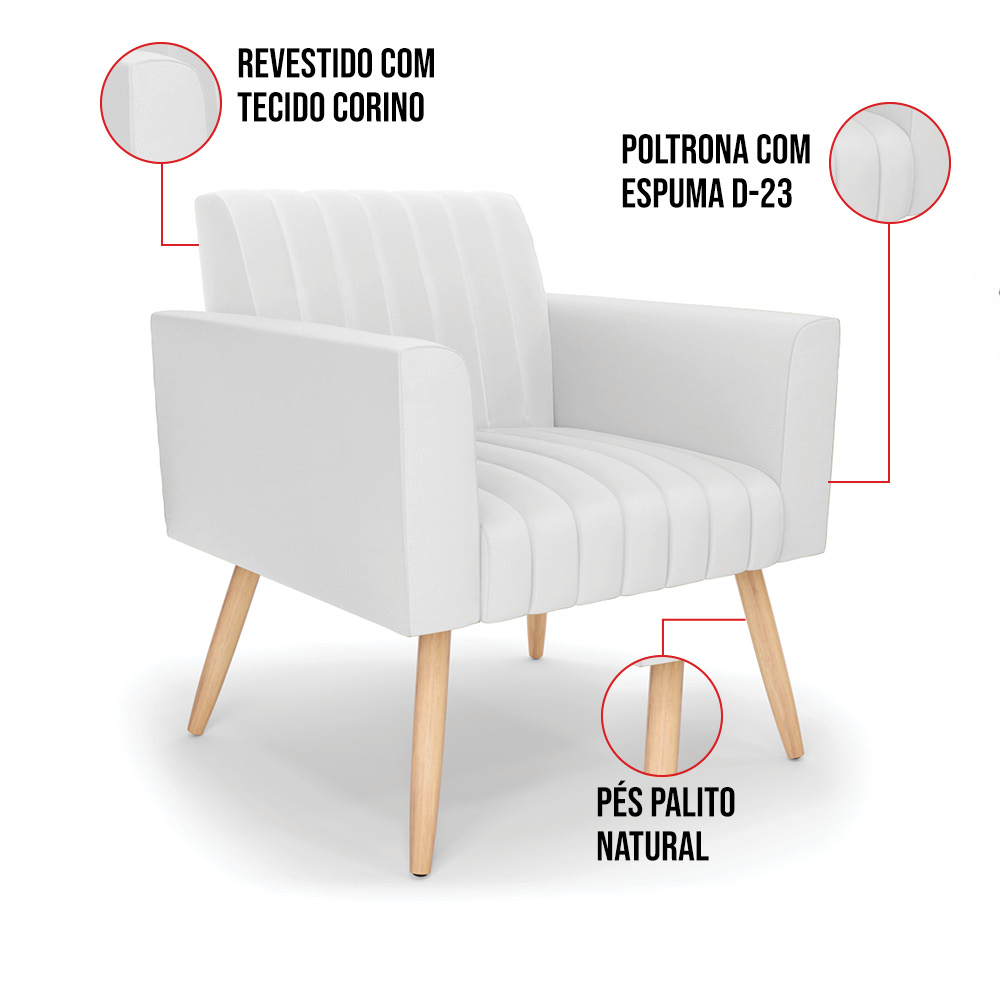 Kit 2 Poltronas Viena Gomada Corino Branco Pés Palito Natural - D'Rossi