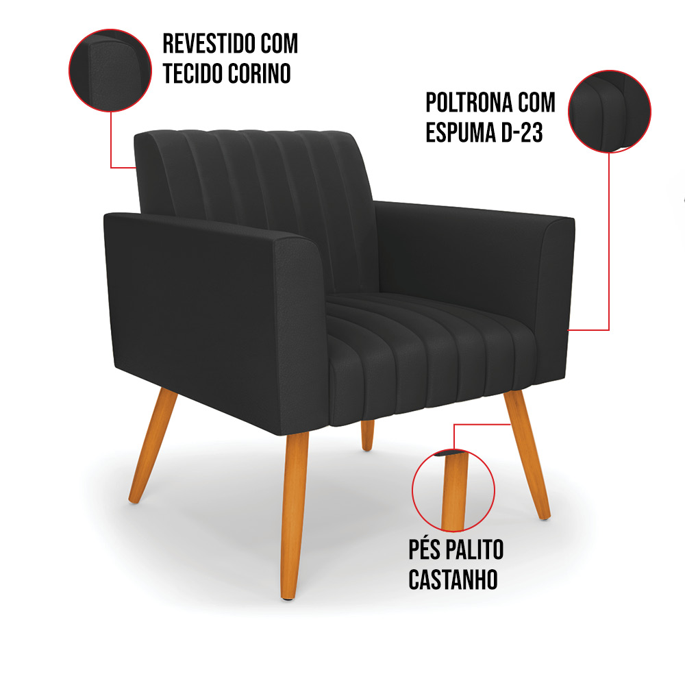 Kit 2 Poltronas Viena Gomada Corino Preto Pés Palito Castanho - D'Rossi
