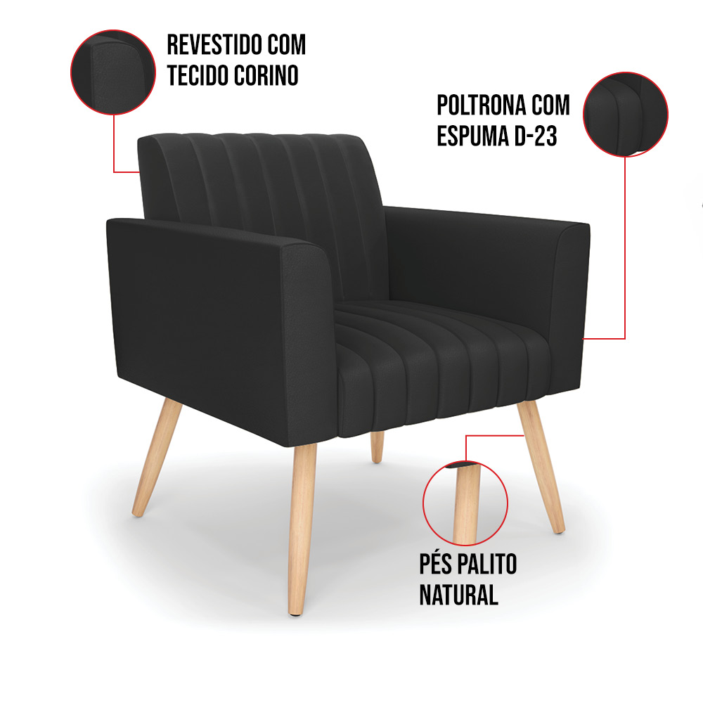 Kit 2 Poltronas Viena Gomada Corino Preto Pés Palito Natural - D'Rossi
