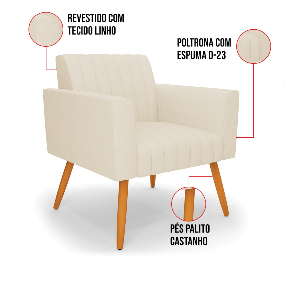 Kit 2 Poltronas Viena Gomada Linho Bege A19 Pés Palito Castanho - D'Rossi
