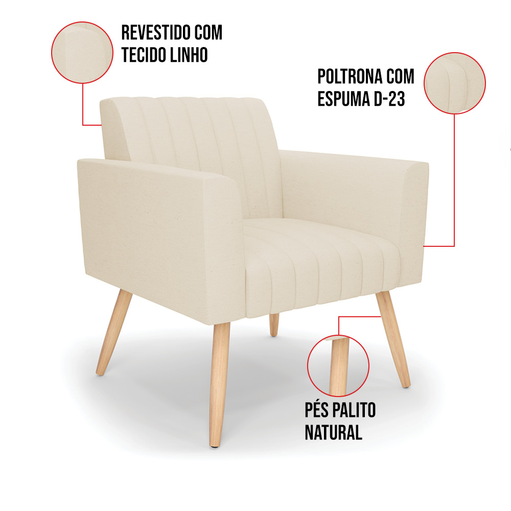 Kit 2 Poltronas Viena Gomada Linho Bege A19 Pés Palito Natural - D'Rossi