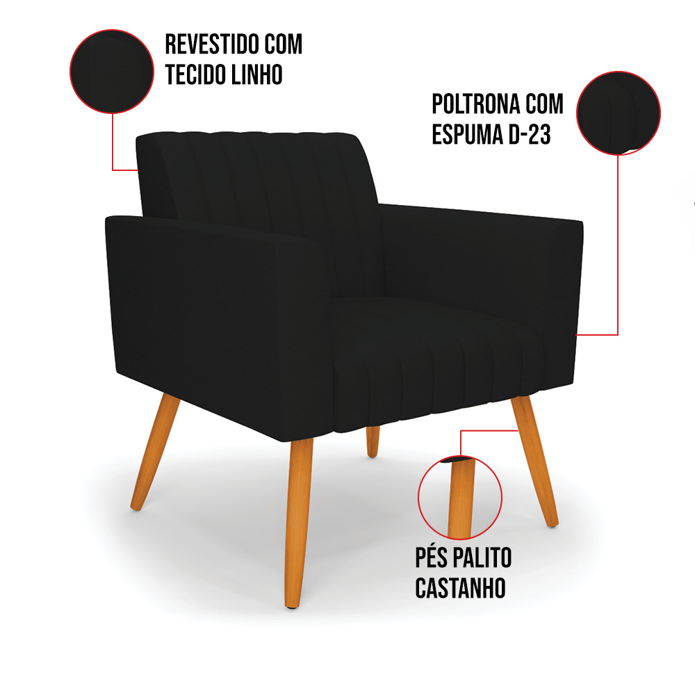 Kit 2 Poltronas Viena Gomada Linho Preto A79 Pés Palito Castanho - D'Rossi
