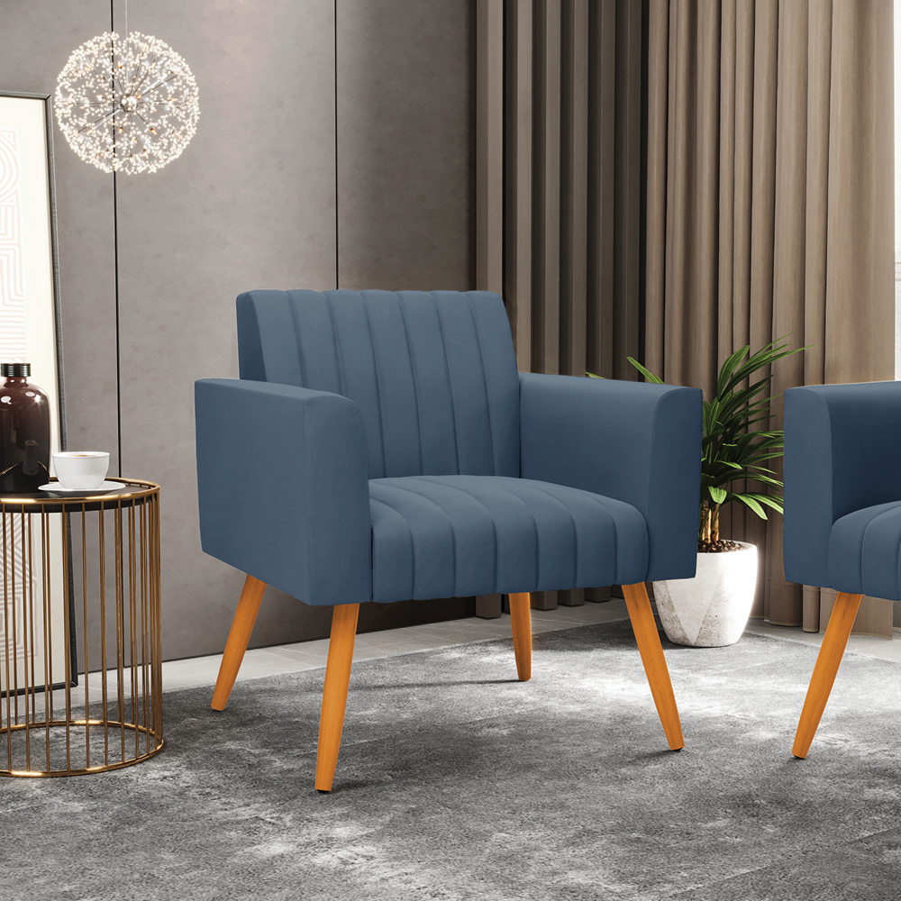 Kit 2 Poltronas Viena Gomada Suede Azul Marinho Pés Palito Castanho - D'Rossi