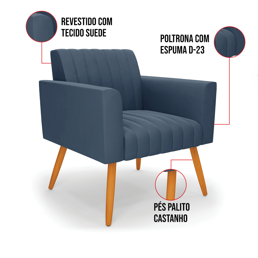 Kit 2 Poltronas Viena Gomada Suede Azul Marinho Pés Palito Castanho - D'Rossi
