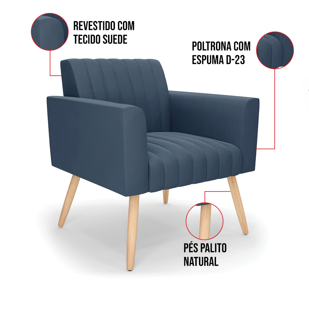 Kit 2 Poltronas Viena Gomada Suede Azul Marinho Pés Palito Natural - D'Rossi