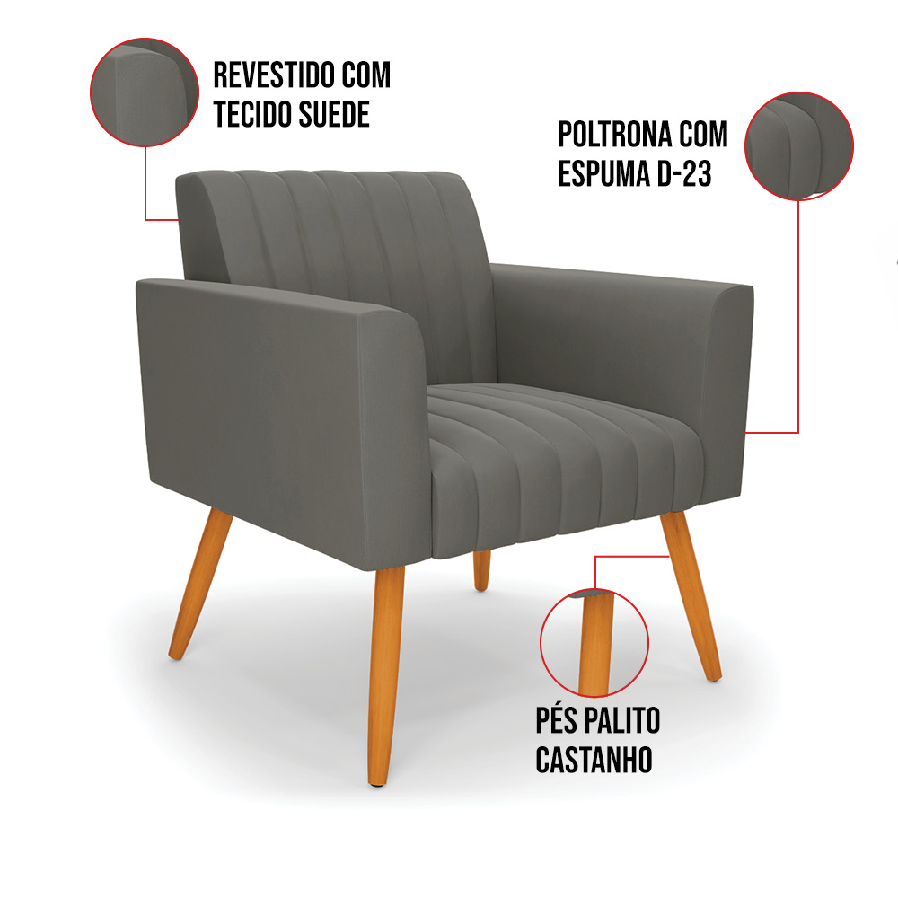 Kit 2 Poltronas Viena Gomada Suede Grafite Pés Palito Castanho - D'Rossi