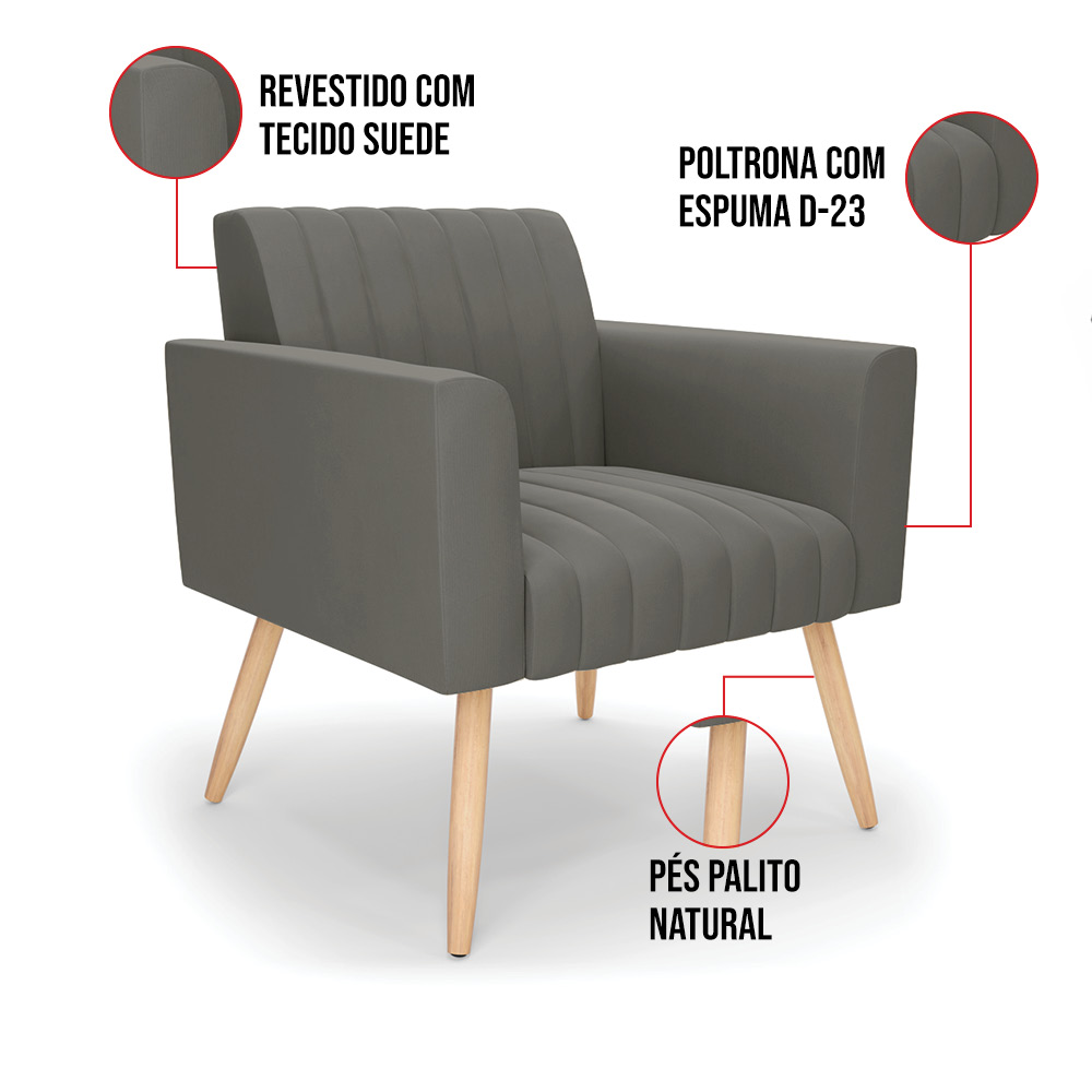 Kit 2 Poltronas Viena Gomada Suede Grafite Pés Palito Natural - D'Rossi