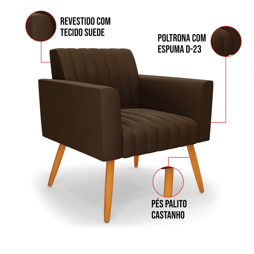 Kit 2 Poltronas Viena Gomada Suede Marrom Pés Palito Castanho - D'Rossi