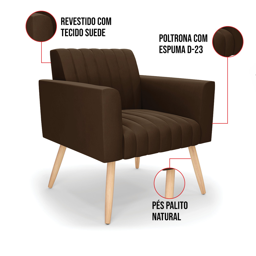 Kit 2 Poltronas Viena Gomada Suede Marrom Pés Palito Natural - D'Rossi