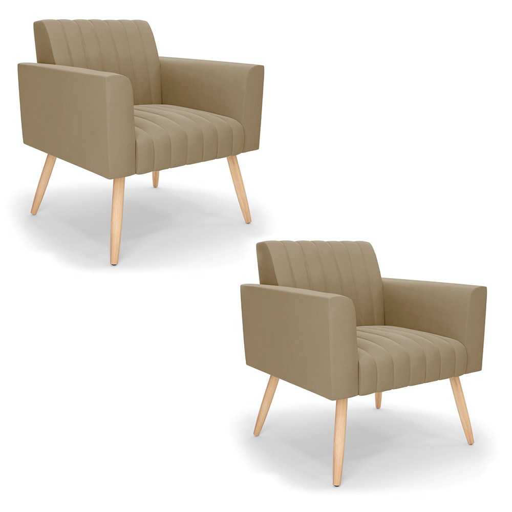 Kit 2 Poltronas Viena Gomada Suede Marrom Rato Pés Palito Natural - D'Rossi