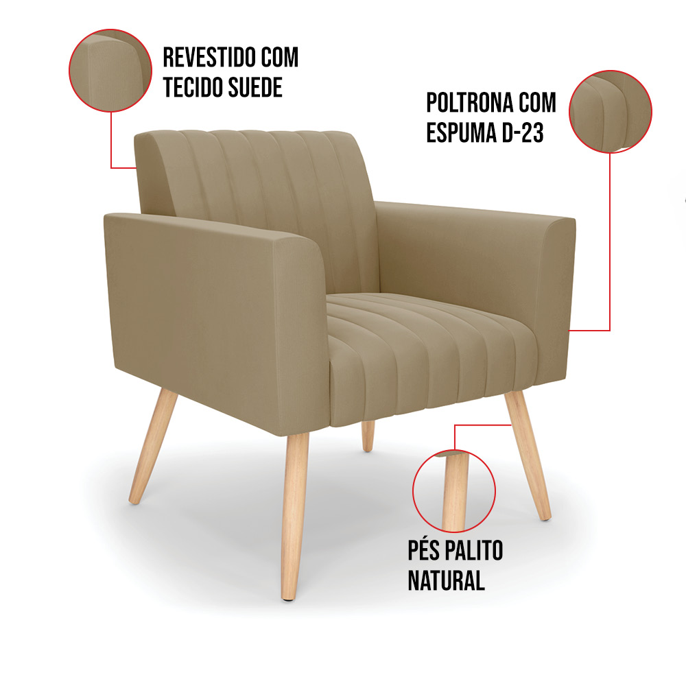 Kit 2 Poltronas Viena Gomada Suede Marrom Rato Pés Palito Natural - D'Rossi