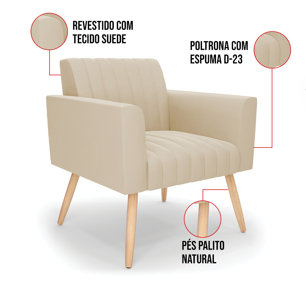 Kit 2 Poltronas Viena Gomada Suede Pés Palito Natural - D'Rossi