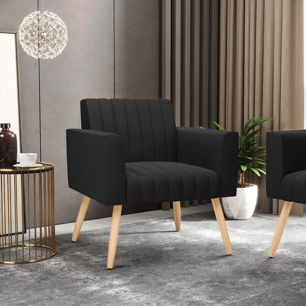 Kit 2 Poltronas Viena Gomada Suede Preto Pés Palito Natural - D'Rossi