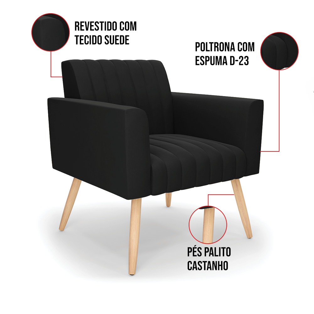 Kit 2 Poltronas Viena Gomada Suede Preto Pés Palito Natural - D'Rossi