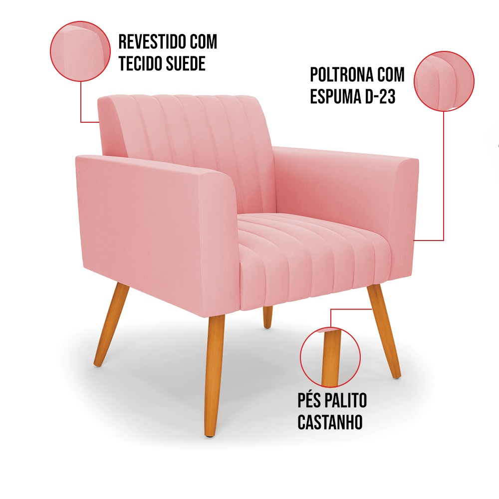 Kit 2 Poltronas Viena Gomada Suede Rosê Pés Palito Castanho - D'Rossi