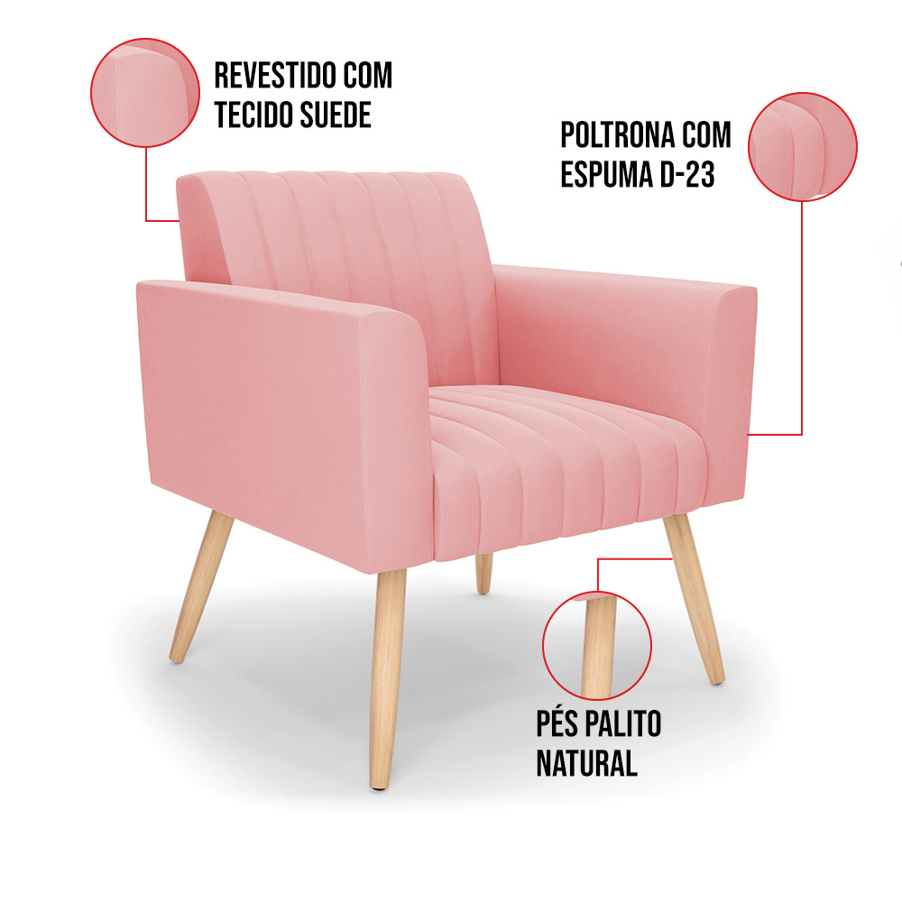 Kit 2 Poltronas Viena Gomada Suede Rosê Pés Palito Natural - D'Rossi