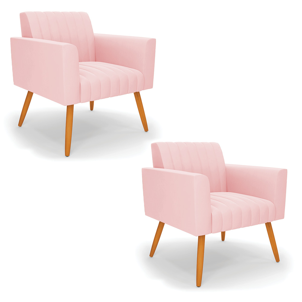 Kit 2 Poltronas Viena Gomada Suede Rosa Bebê Pés Palito Castanho - D'Rossi