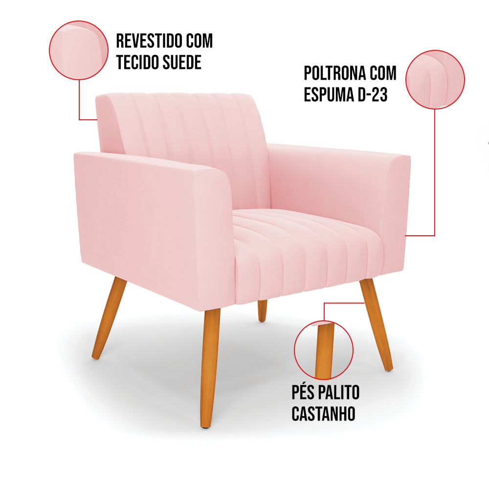 Kit 2 Poltronas Viena Gomada Suede Rosa Bebê Pés Palito Castanho - D'Rossi