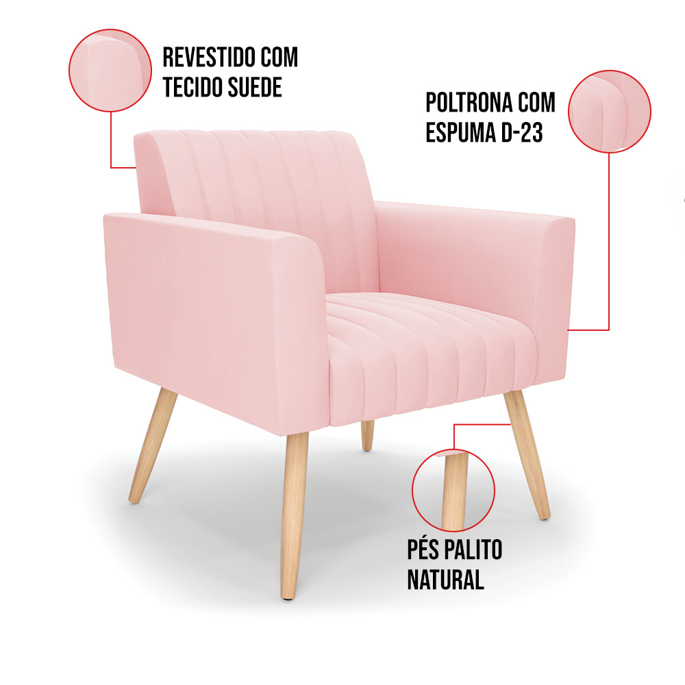 Kit 2 Poltronas Viena Gomada Suede Rosa Bebê Pés Palito Natural - D'Rossi