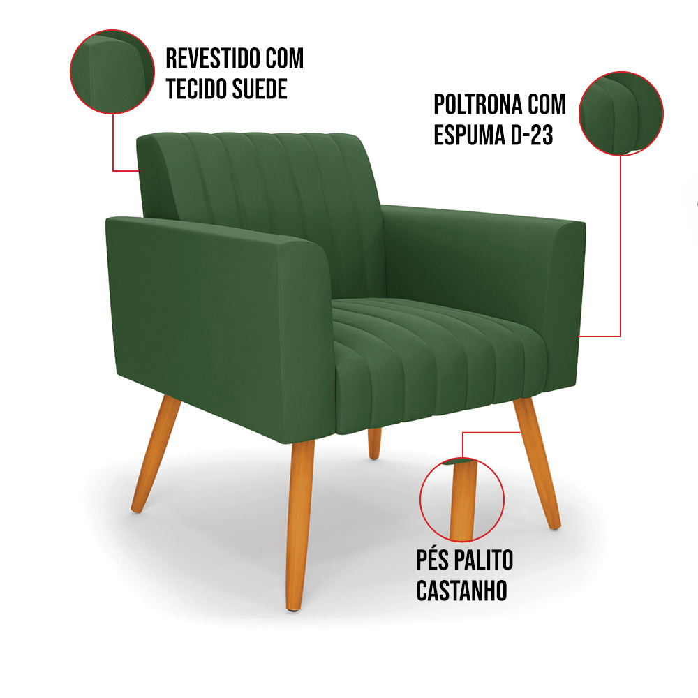 Kit 2 Poltronas Viena Gomada Suede Verde Pés Palito Castanho - D'Rossi