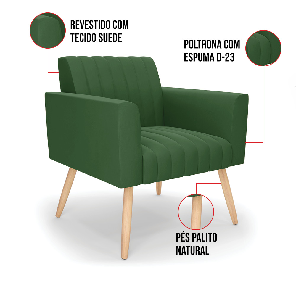 Kit 2 Poltronas Viena Gomada Suede Verde Pés Palito Natural - D'Rossi