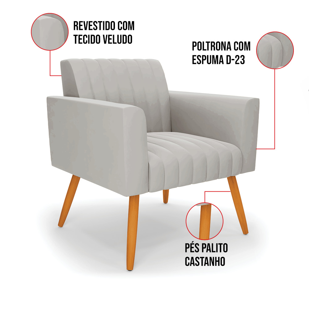 Kit 2 Poltronas Viena Gomada Veludo Cinza Pés Palito Castanho - D'Rossi