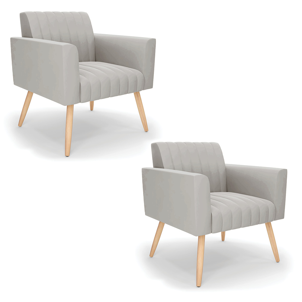 Kit 2 Poltronas Viena Gomada Veludo Cinza Pés Palito Natural - D'Rossi
