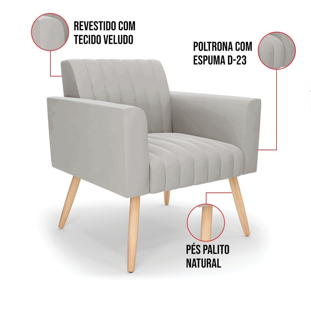 Kit 2 Poltronas Viena Gomada Veludo Cinza Pés Palito Natural - D'Rossi