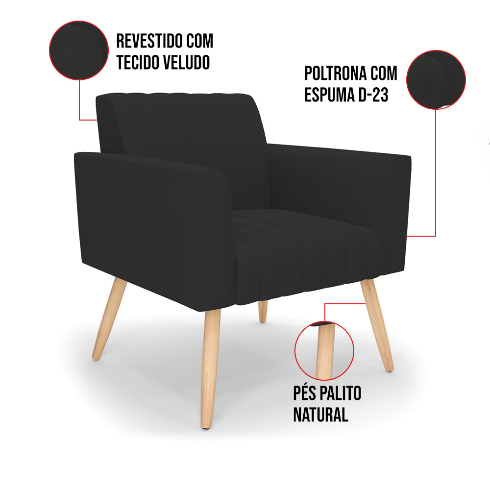 Kit 2 Poltronas Viena Gomada Veludo Preto Pés Palito Natural - D'Rossi