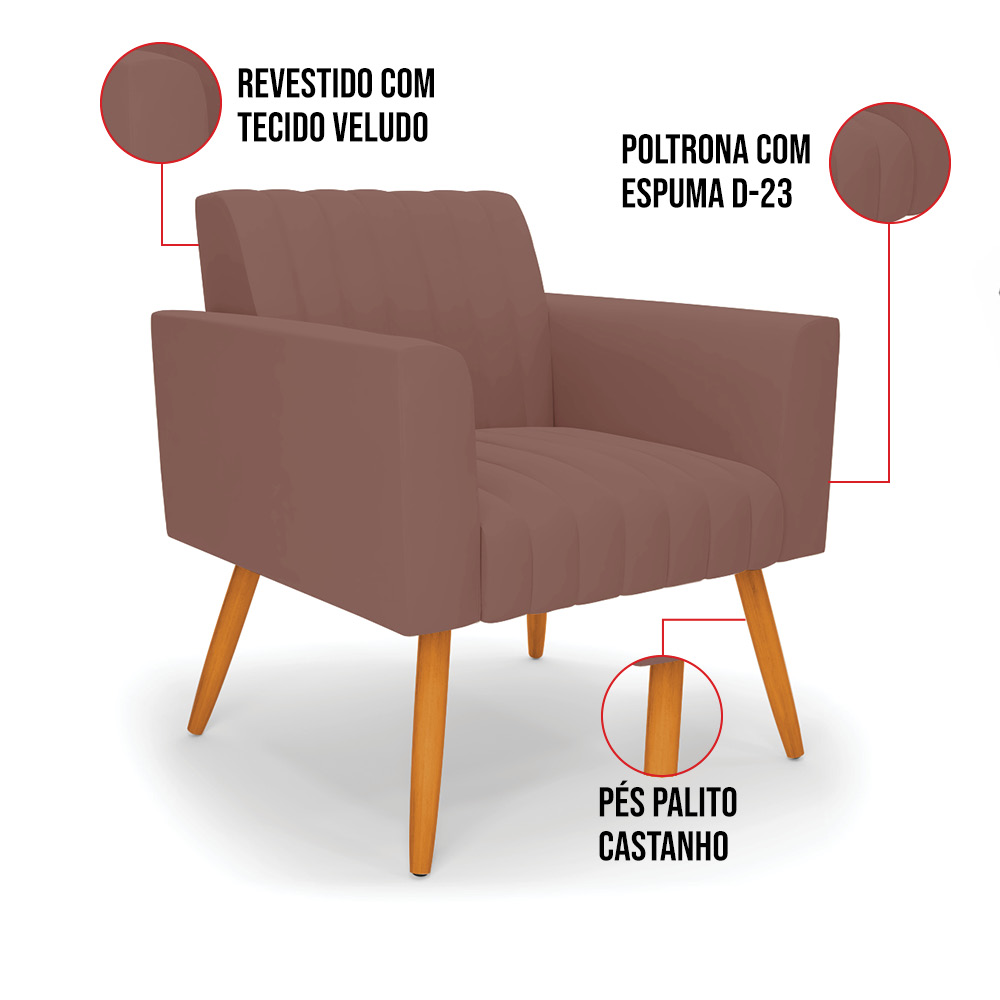Kit 2 Poltronas Viena Gomada Veludo Rosê Pés Palito Castanho - D'Rossi
