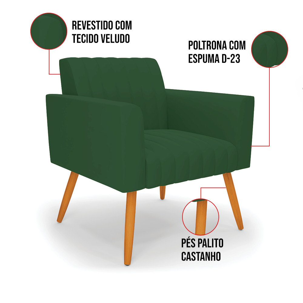 Kit 2 Poltronas Viena Gomada Veludo Verde Pés Palito Castanho - D'Rossi