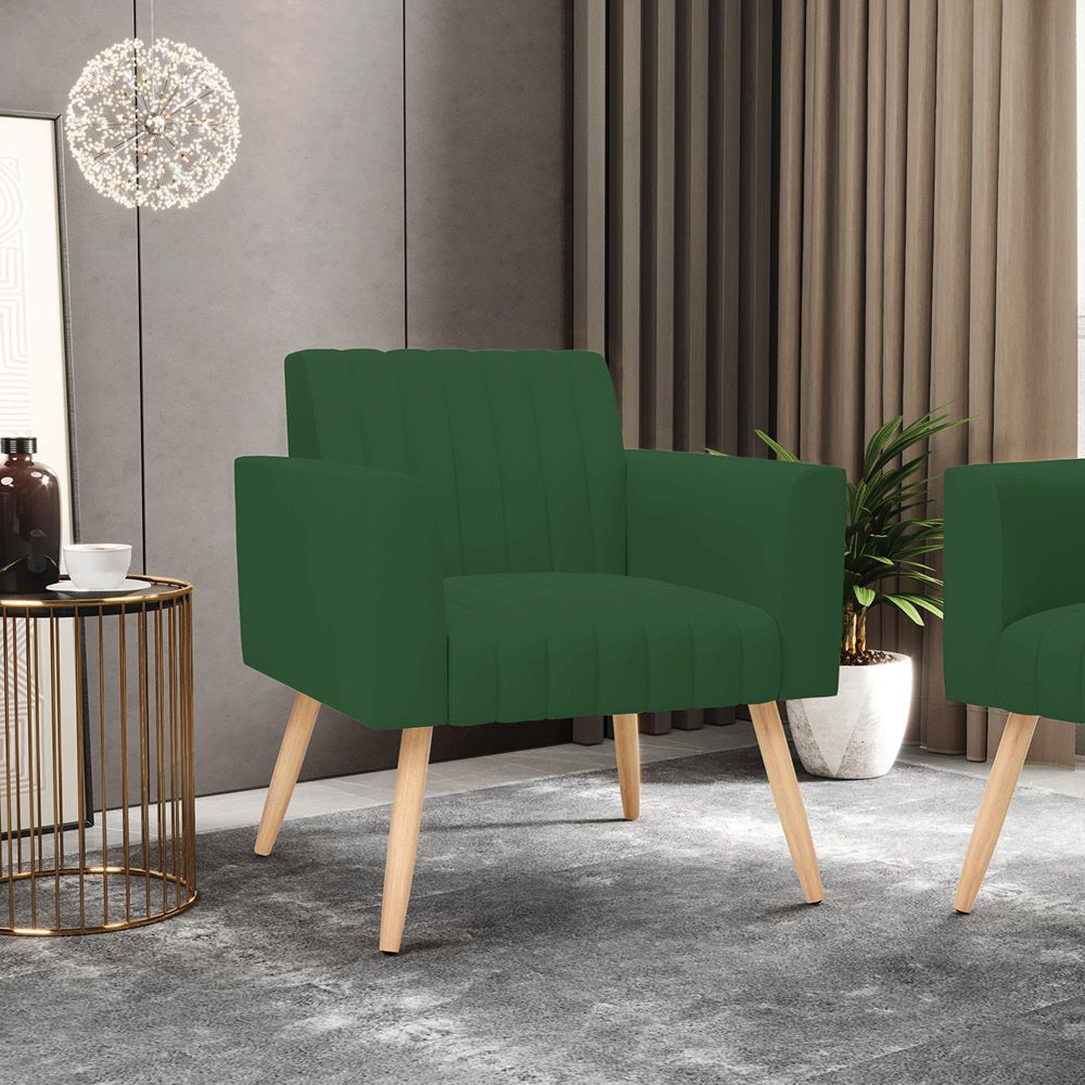 Kit 2 Poltronas Viena Gomada Veludo Verde Pés Palito Natural - D'Rossi
