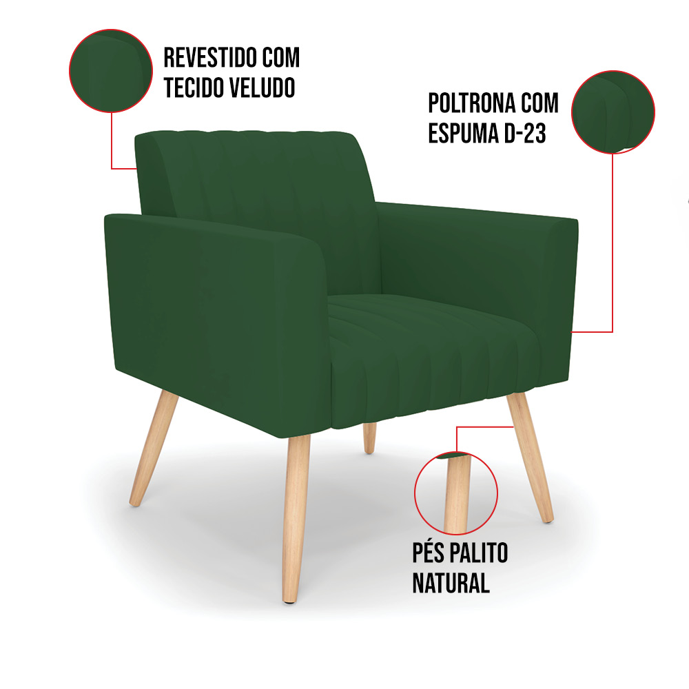 Kit 2 Poltronas Viena Gomada Veludo Verde Pés Palito Natural - D'Rossi