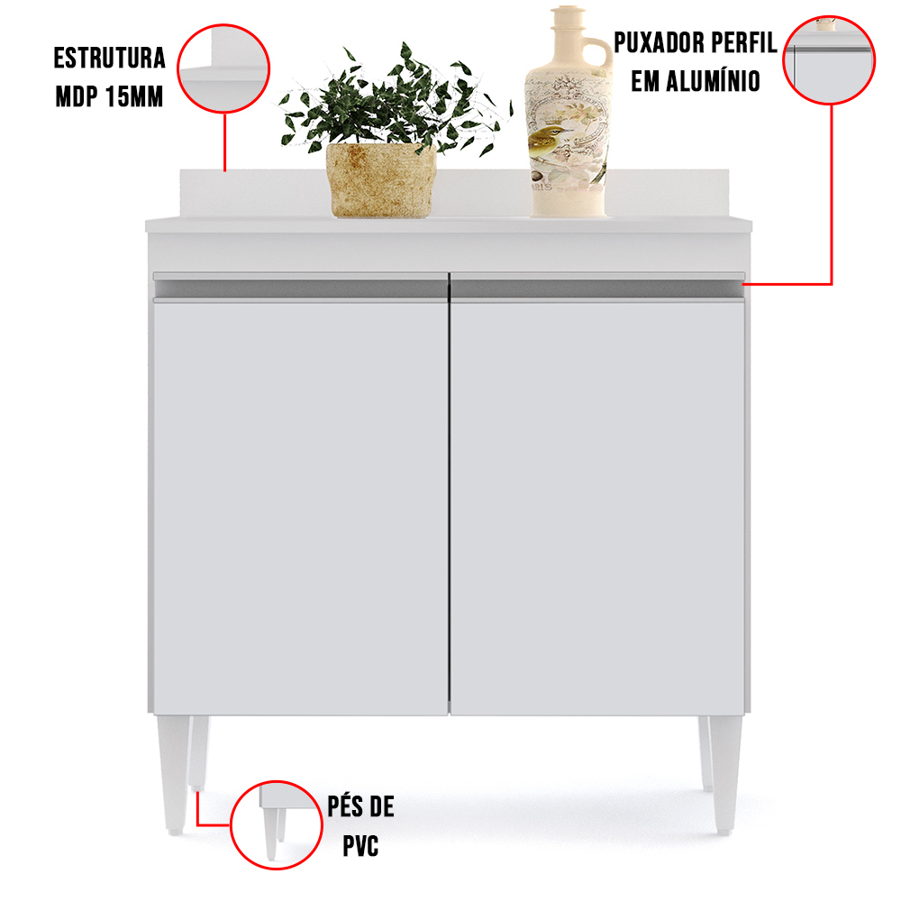 Kit Armário Aéreo e Balcão de Cozinha Lavanderia 02 Portas Loren Branco com Tampo 80 cm - D'Rossi