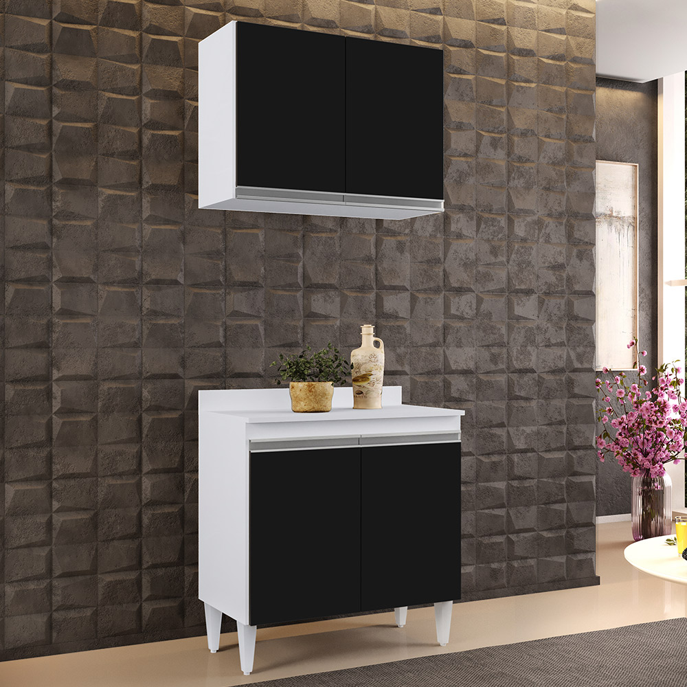 Kit Armário Aéreo e Balcão de Cozinha Lavanderia 02 Portas Loren Branco e Preto com Tampo 80 cm - D'Rossi
