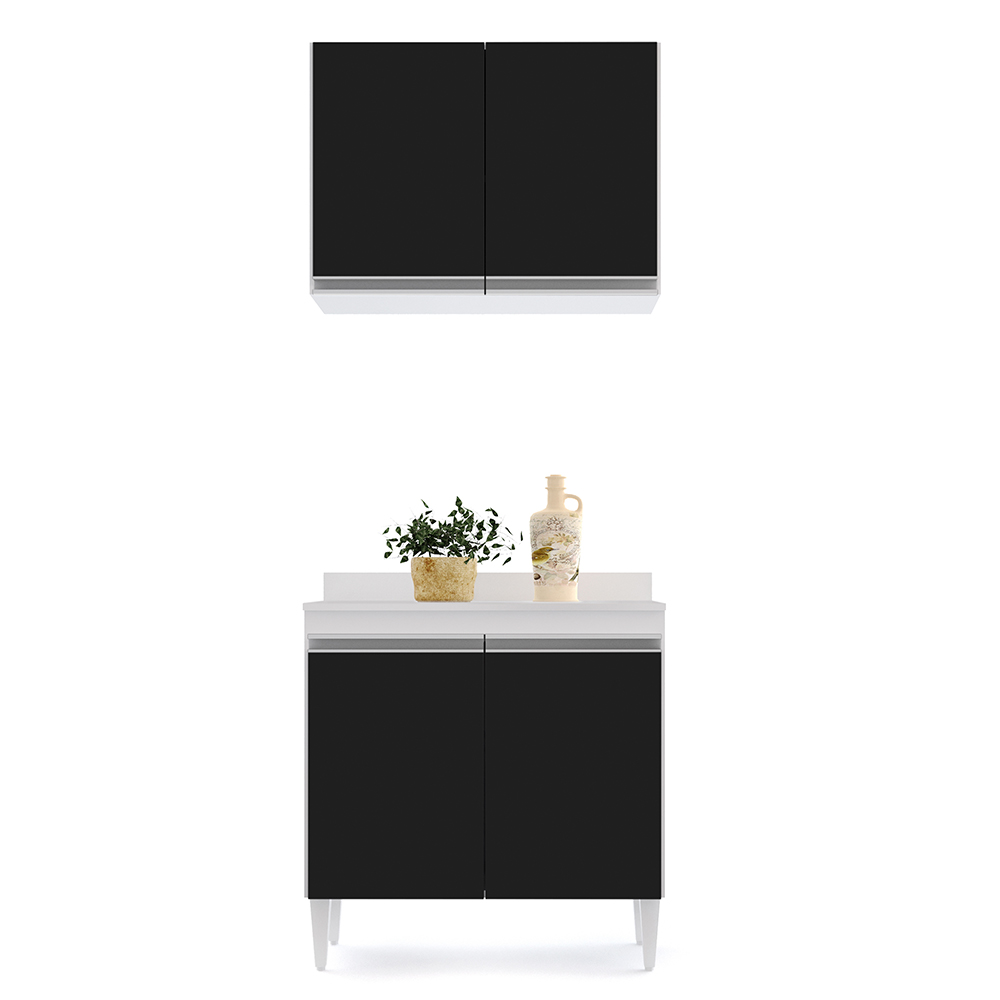 Kit Armário Aéreo e Balcão de Cozinha Lavanderia 02 Portas Loren Branco e Preto com Tampo 80 cm - D'Rossi