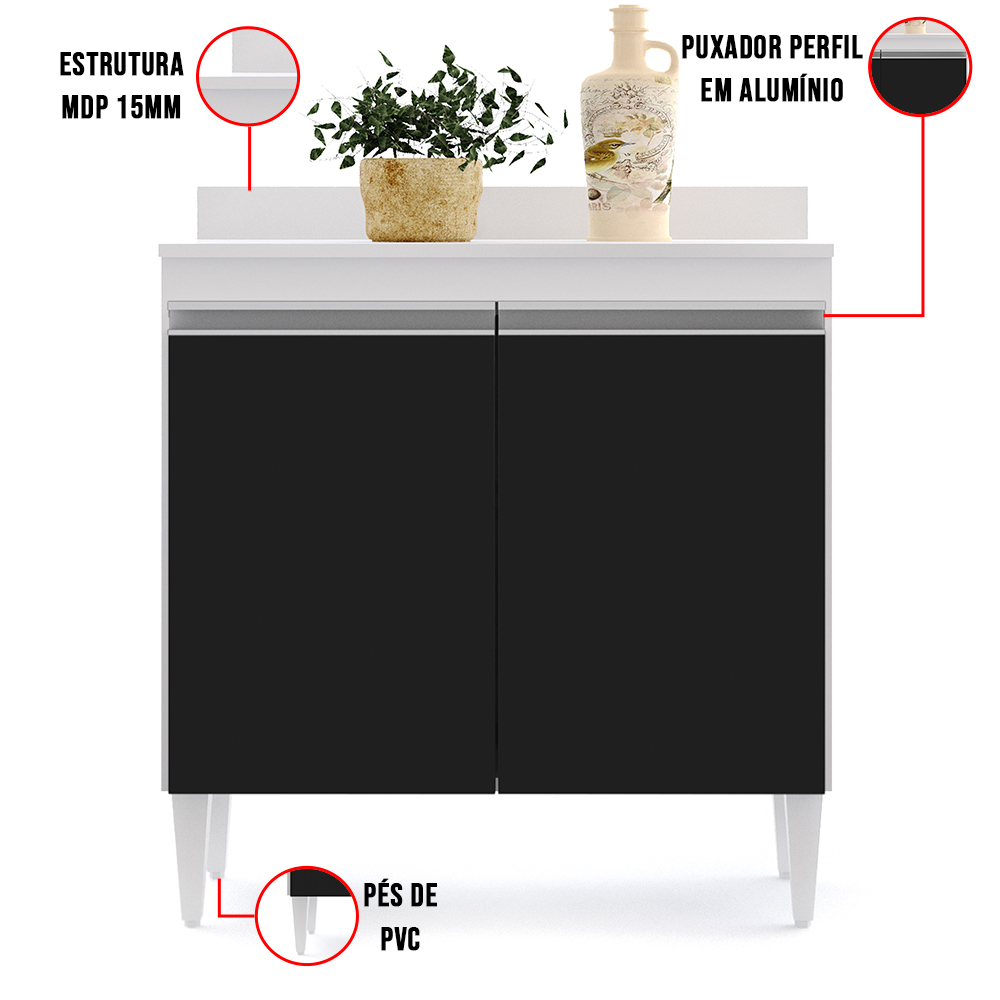 Kit Armário Aéreo e Balcão de Cozinha Lavanderia 02 Portas Loren Branco e Preto com Tampo 80 cm - D'Rossi