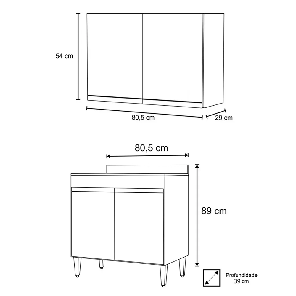 Kit Armário Aéreo e Balcão de Cozinha Lavanderia 02 Portas Loren com Tampo 80 cm - D'Rossi