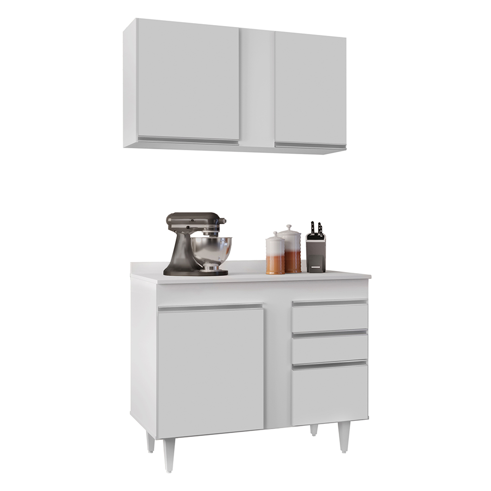 Kit Armário Aéreo e Balcão de Cozinha Lavanderia Aurora com Tampo Branco 100 cm - D'Rossi