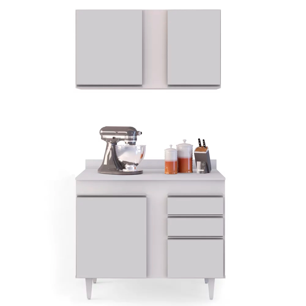 Kit Armário Aéreo e Balcão de Cozinha Lavanderia Aurora com Tampo Branco 100 cm - D'Rossi