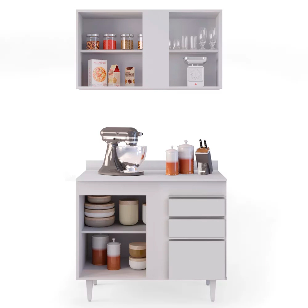 Kit Armário Aéreo e Balcão de Cozinha Lavanderia Aurora com Tampo Branco 100 cm - D'Rossi