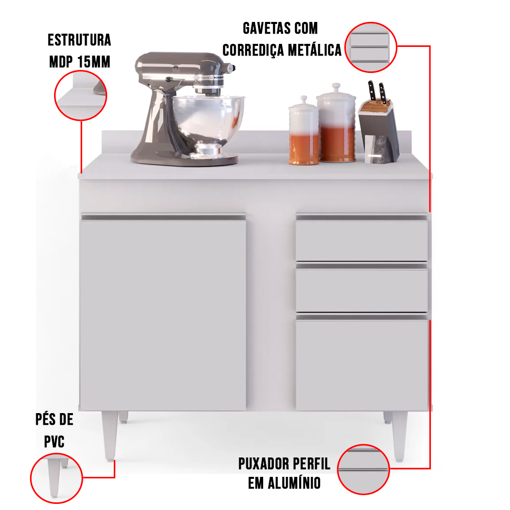 Kit Armário Aéreo e Balcão de Cozinha Lavanderia Aurora com Tampo Branco 100 cm - D'Rossi