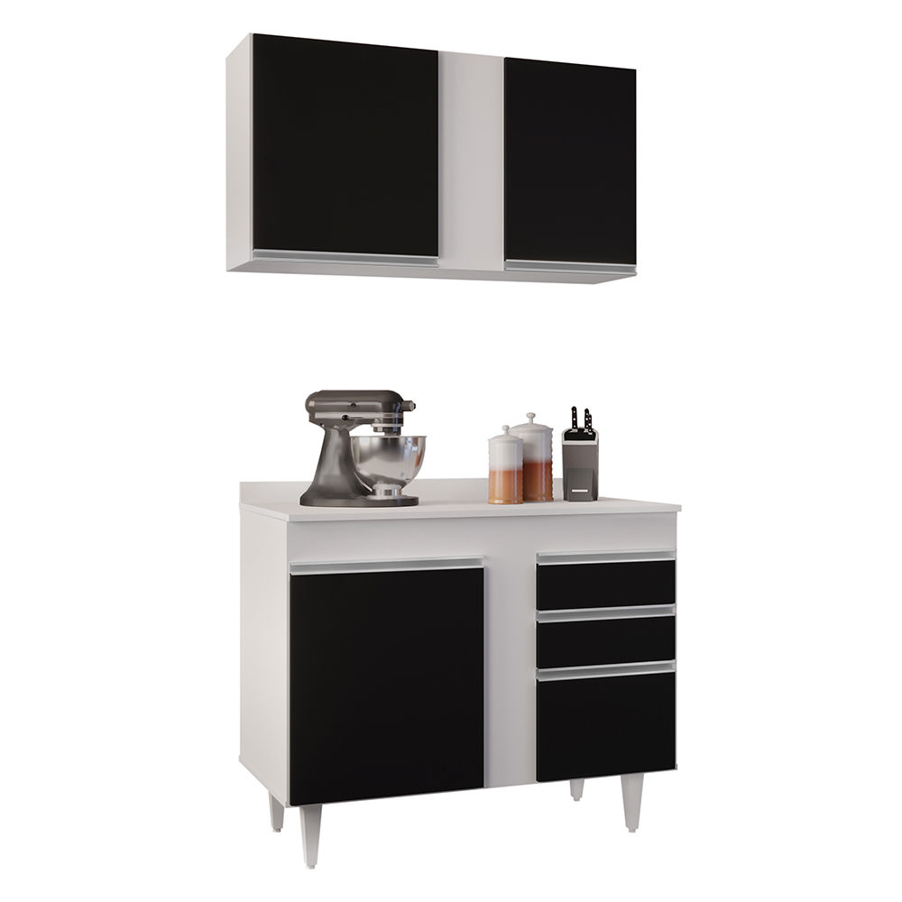 Kit Armário Aéreo e Balcão de Cozinha Lavanderia Aurora com Tampo Branco e Preto 100 cm - D'Rossi