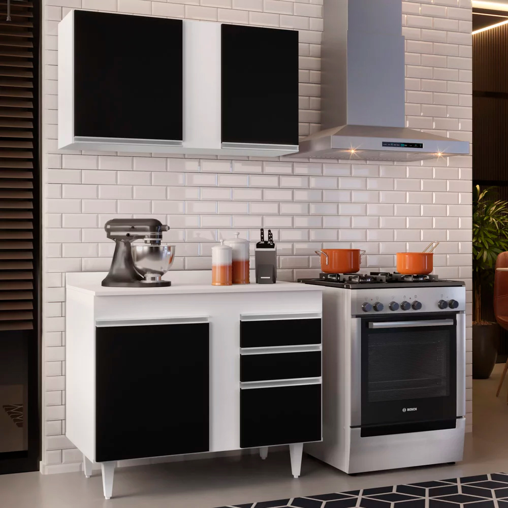 Kit Armário Aéreo e Balcão de Cozinha Lavanderia Aurora com Tampo Branco e Preto 100 cm - D'Rossi
